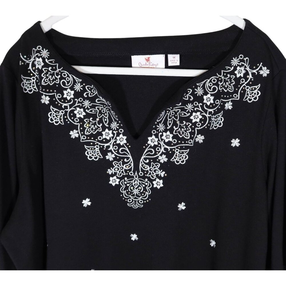 QUACKER FACTORY Embroidered Rhinestone 3/4 Sleeve Knit Tunic Top 1X Black White - Picture 4 of 10